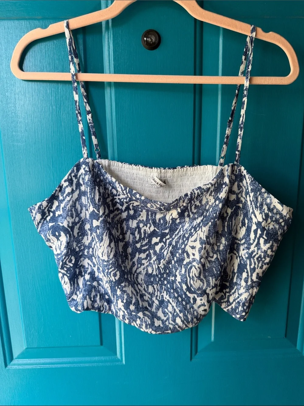 Abercrombie & Fitch Blue and White Printed Smocked Crop Top